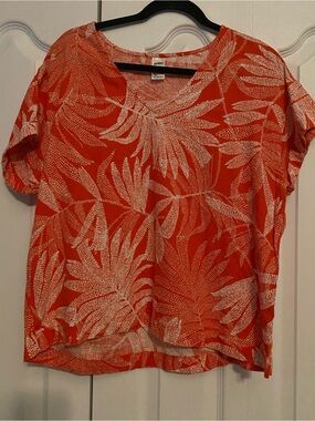 Women's V-Neck Orange Tropical Print Linen blend Short Sleeve Top